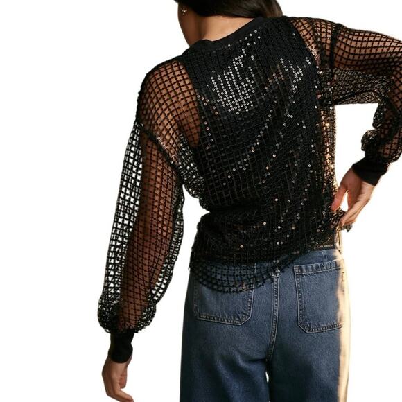 Pilcro Black Long-Sleeve Sequin Top Netting Sheer Tank Size XS Glam - Picture 3 of 8